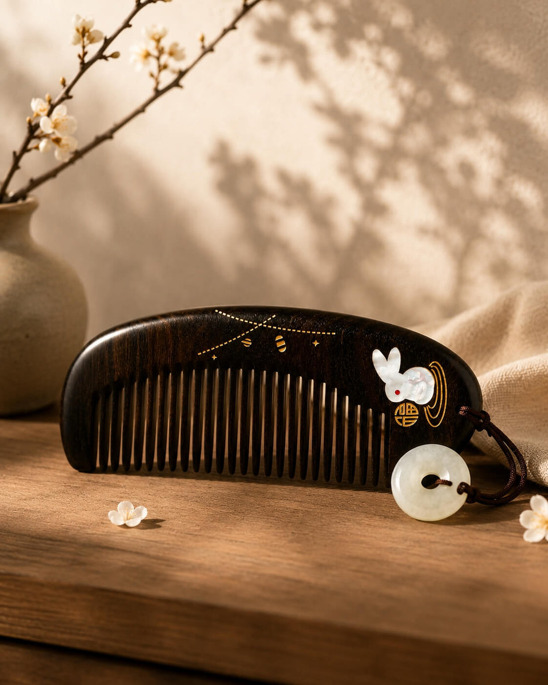 Handmade Chinese comb with hand-painted lacquer and shell inlay decoration by Orient Handcraft