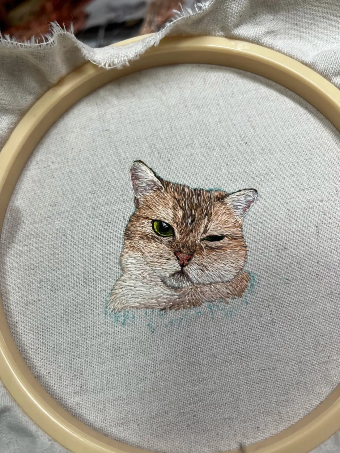 Hand embroidered custom cat portrait showing realistic fur texture created with silk threads