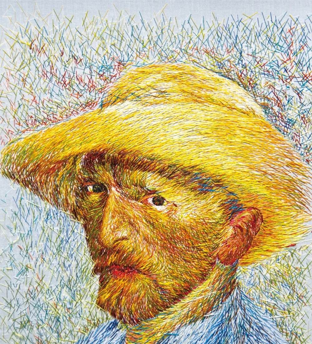 Sun Yanyun random-stitch embroidery inspired by Van Gogh Self-Portrait with Straw Hat