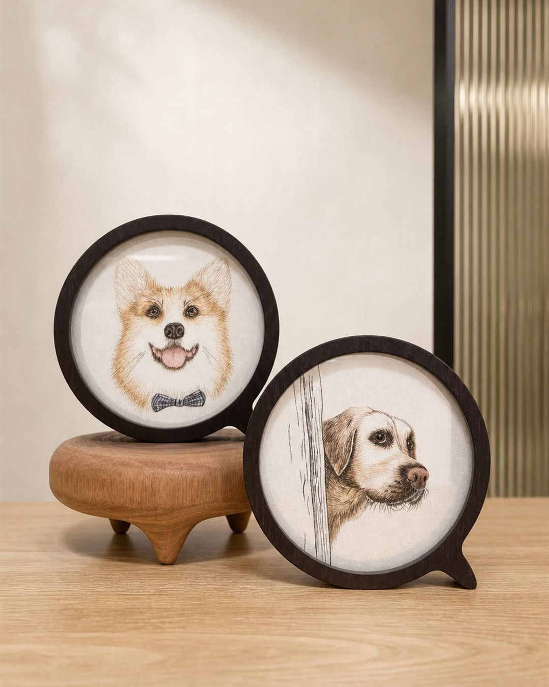 Custom pet silk embroidery artwork in a wooden tabletop frame handcrafted with traditional Chinese random-stitch embroidery