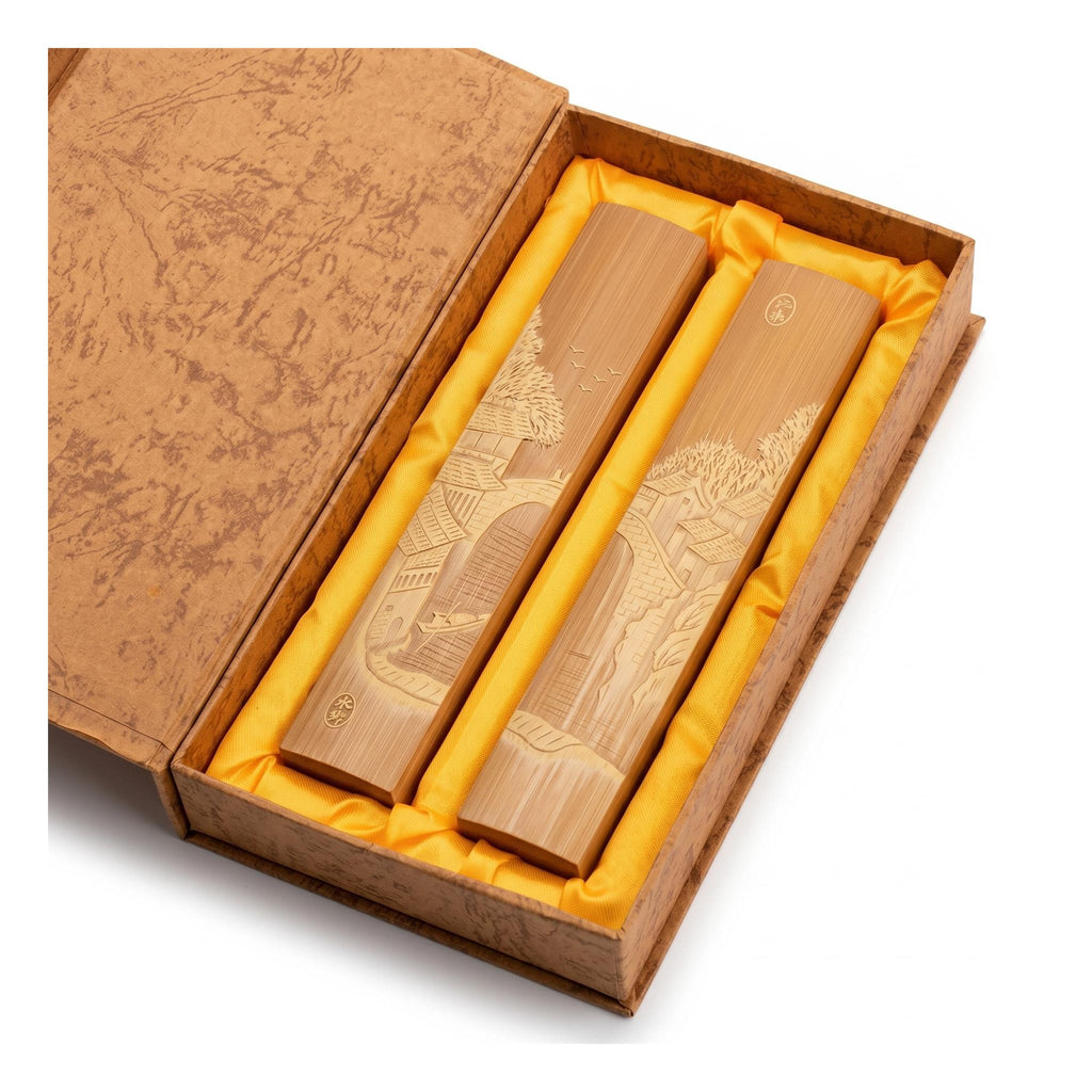 Liuqing bamboo paperweight set presented in open luxury gift box — handcrafted Chinese scholar's stationery