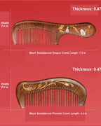 Black Sandalwood Dragon and Phoenix comb set dimensions shown in inches.
