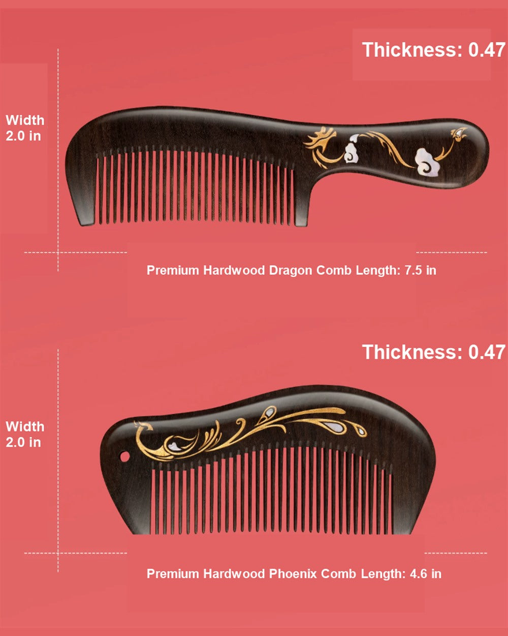 Premium Hardwood Dragon and Phoenix comb set dimensions shown in inches.
