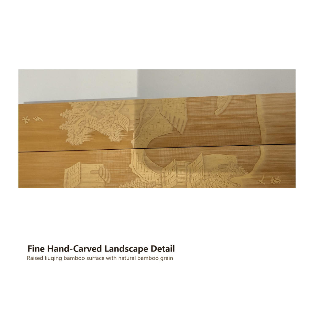 Close-up of Liuqing bamboo carving detail — master artisan hand-carved relief showing bamboo skin and grain contrast
