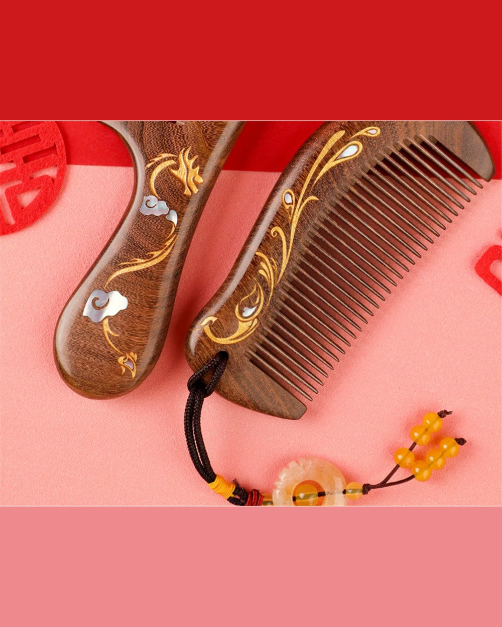 Black Sandalwood Dragon and Phoenix wooden combs with mother-of-pearl inlay on a red and pink background.

