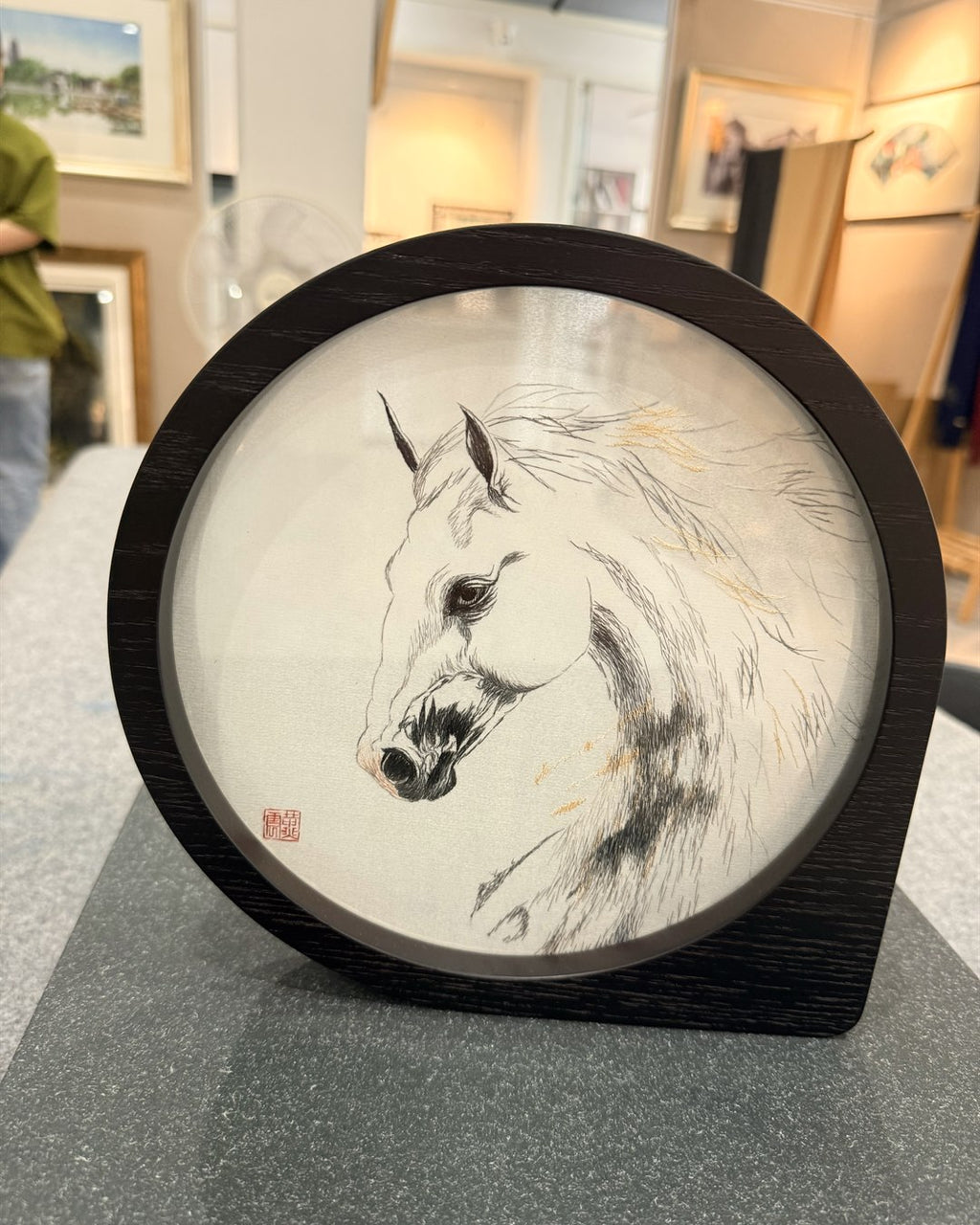 Custom horse portrait silk embroidery in tabletop wood frame display
