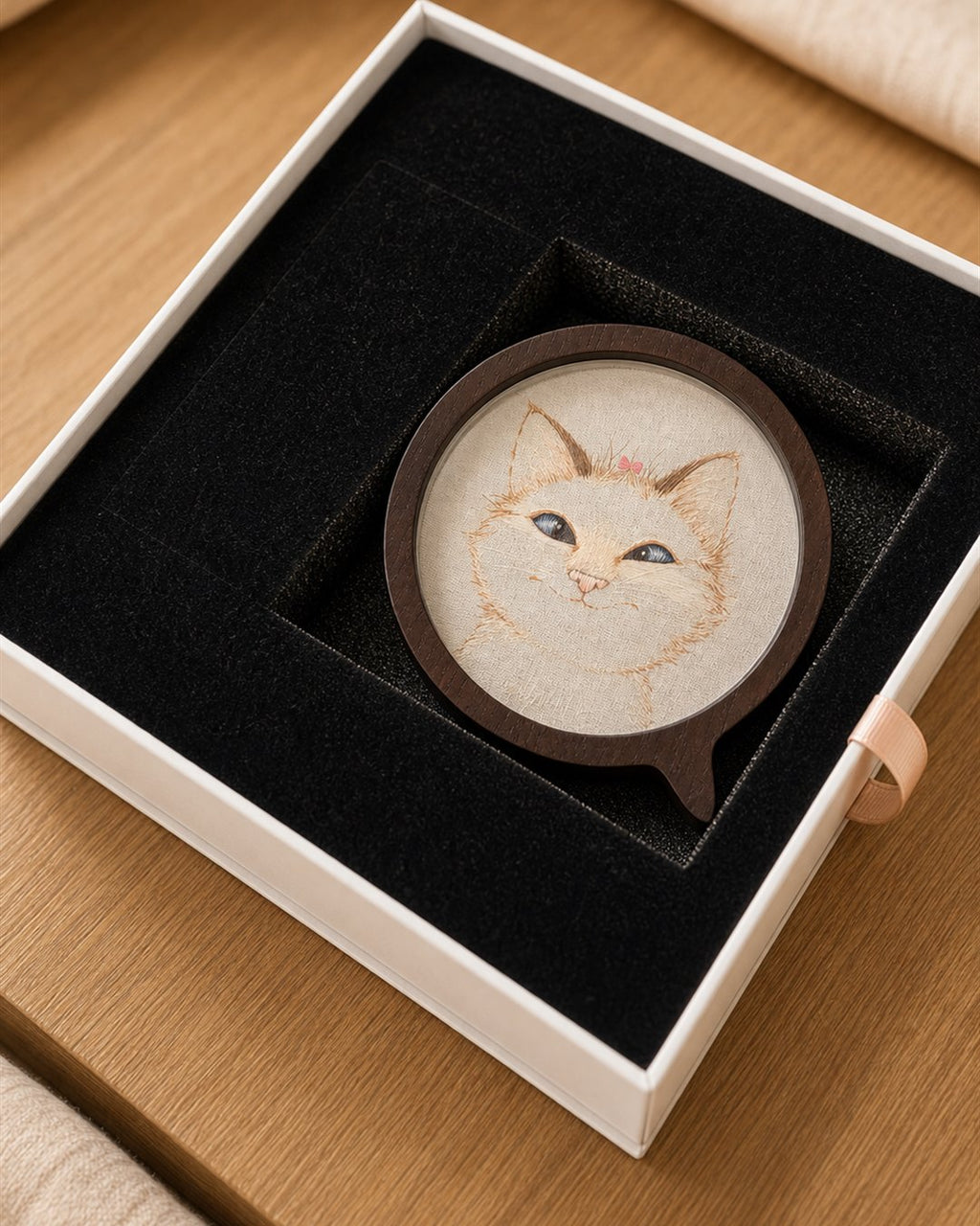 Custom pet silk embroidery artwork in a wooden tabletop frame handcrafted with traditional Chinese random-stitch embroidery
