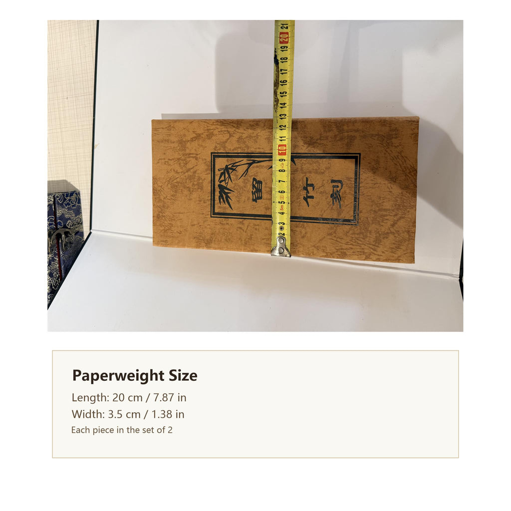 Size reference of Liuqing bamboo paperweight — dimensions shown for Chinese scholar's desk stationery set