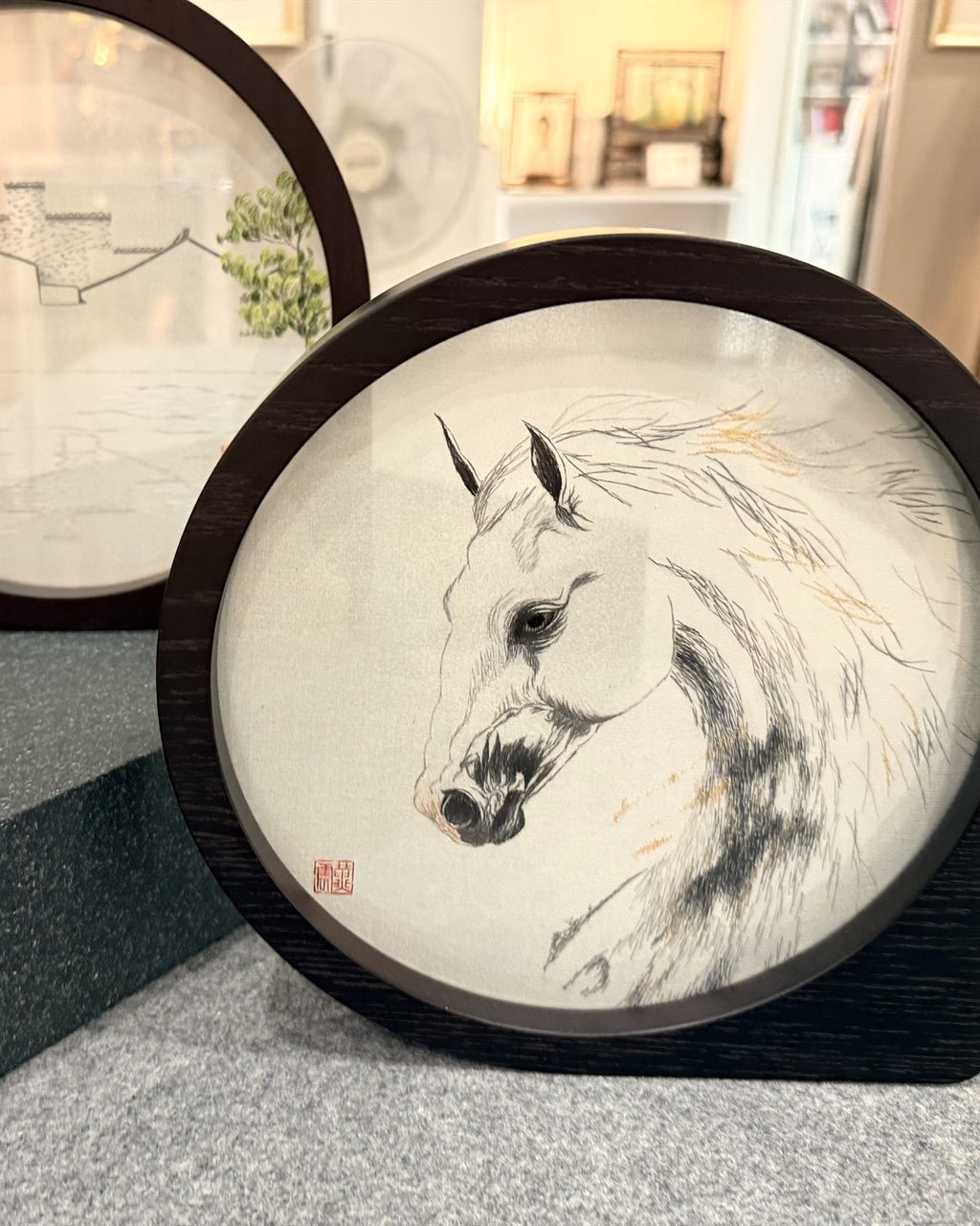 Custom pet portrait silk embroidery in wooden tabletop frame – bespoke handmade gift