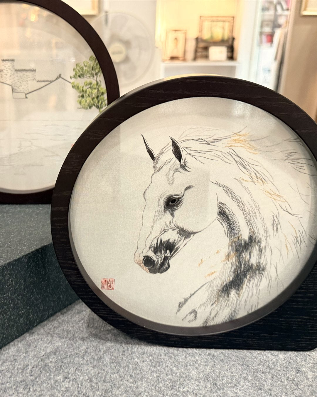 Custom pet portrait silk embroidery in wooden tabletop frame – bespoke handmade gift