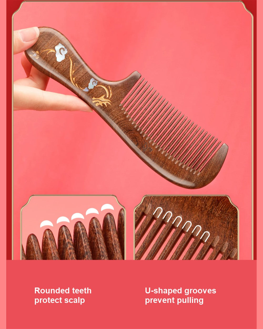 Dragon comb close-up showing rounded teeth and U-shaped tooth grooves.
