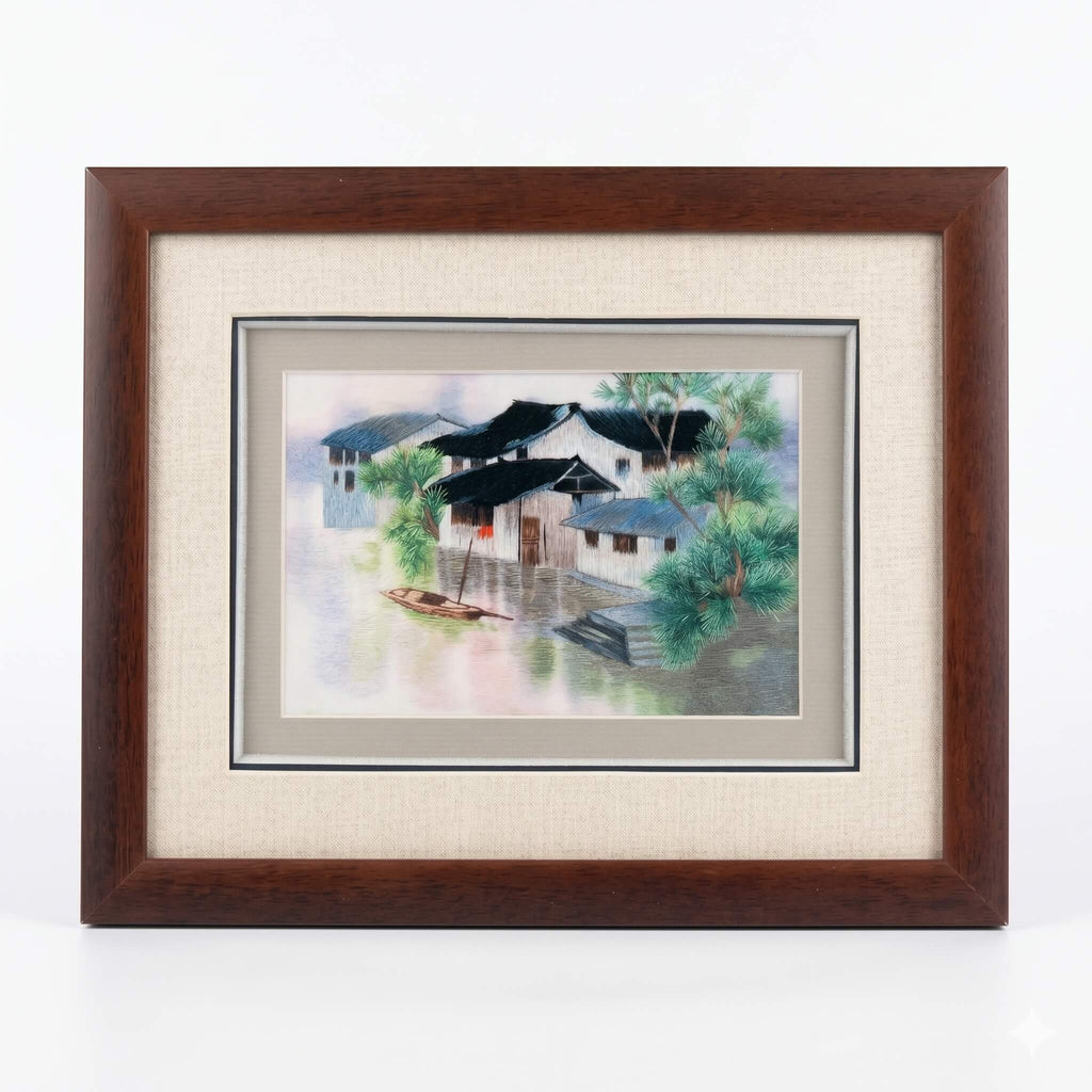 Random-Stitch Embroidery Framed Art – Jiangnan Water Village in Summer– Handcrafted Silk Artwork | Orient Handcraft
