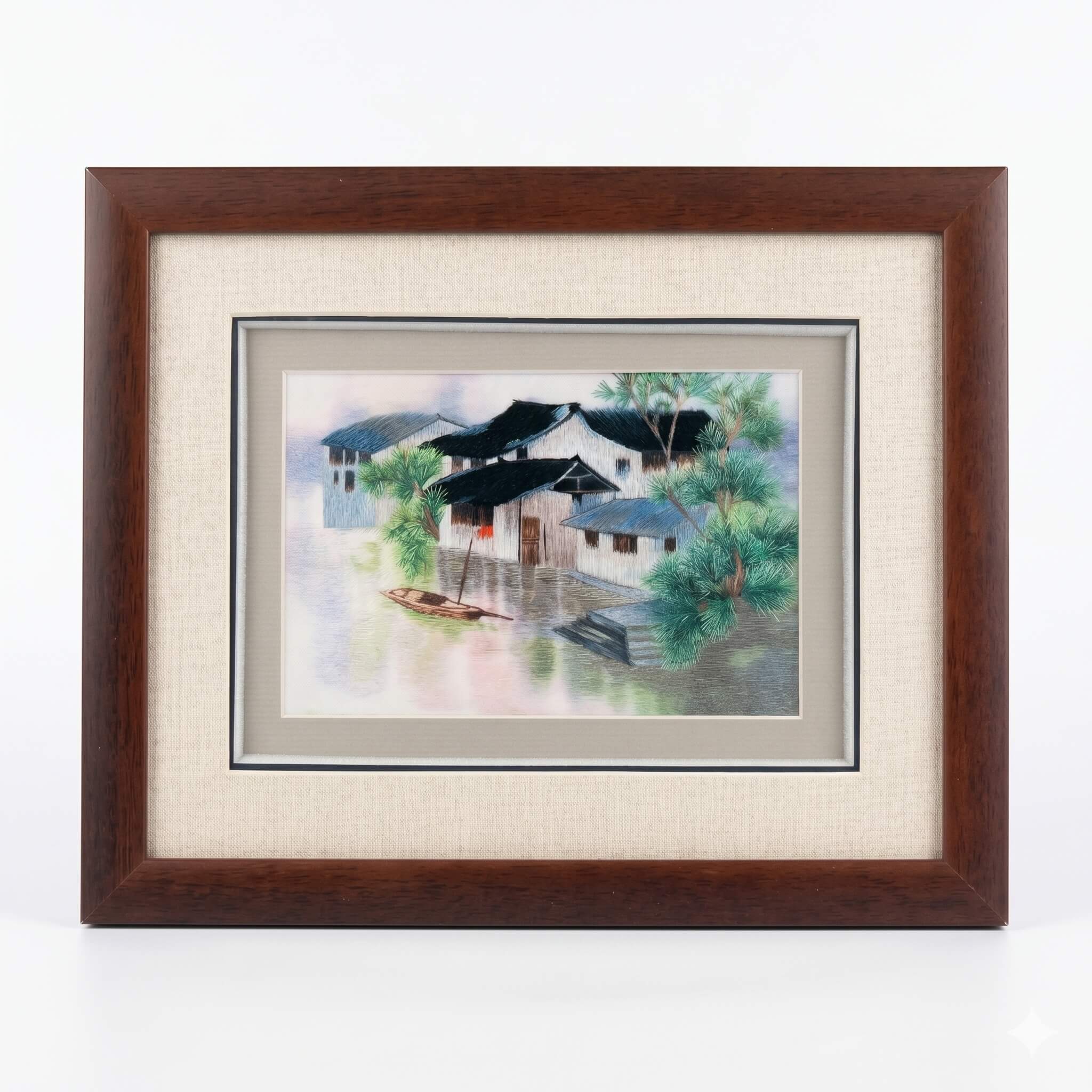 Random-Stitch Embroidery Framed Art – Jiangnan Water Village in Summer– Handcrafted Silk Artwork | Orient Handcraft
