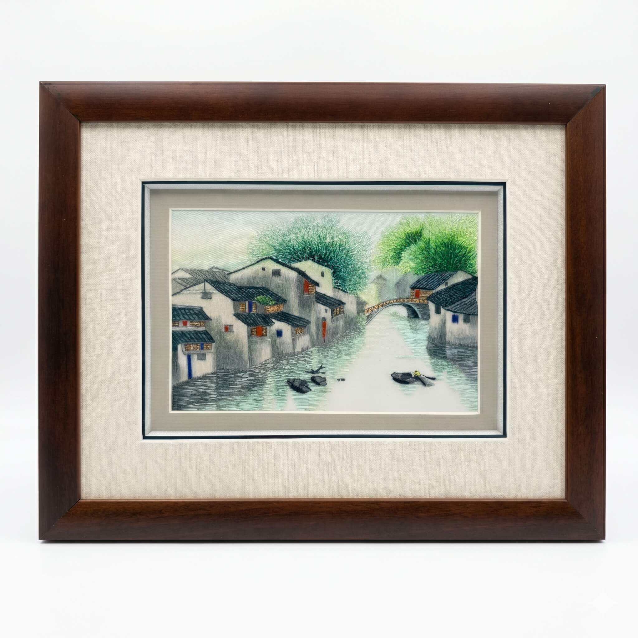 Random-Stitch Embroidery Framed Art – Jiangnan Water Village in Summer – Handcrafted Silk Artwork | Orient Handcraft
