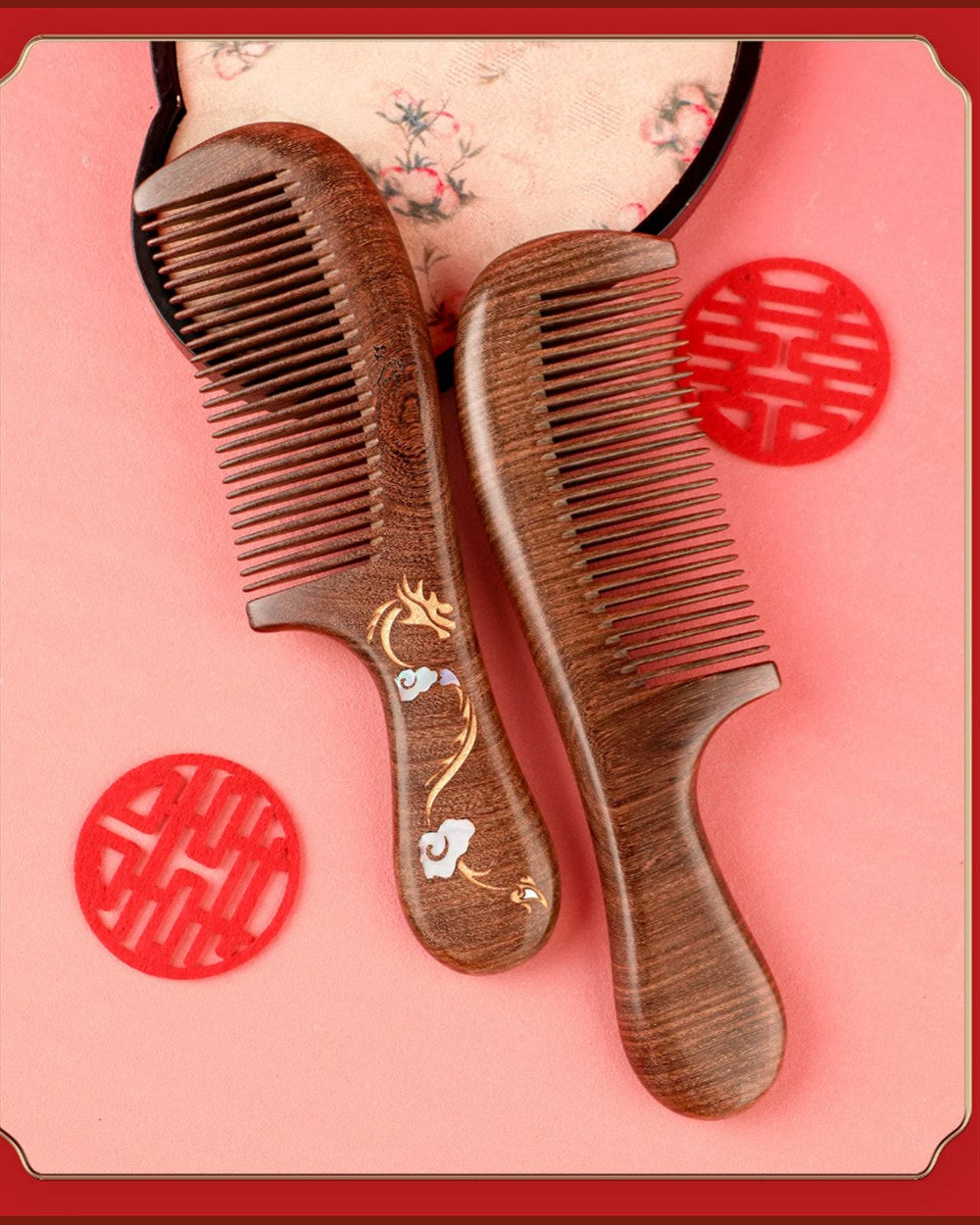 Dragon and Phoenix wooden combs shown from the back with natural wood grain.

