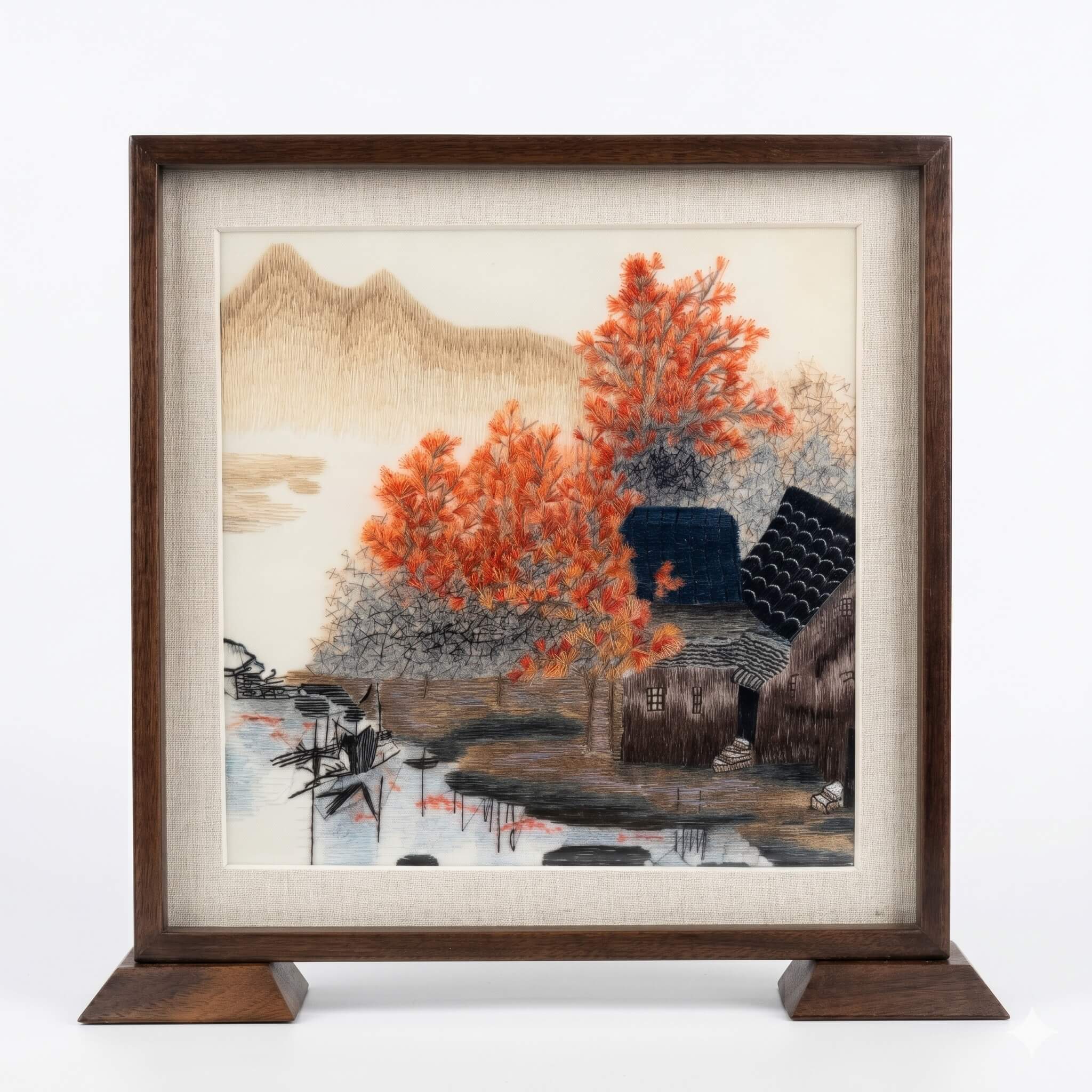 Jiangnan Four Seasons silk embroidery table display with wooden frame
