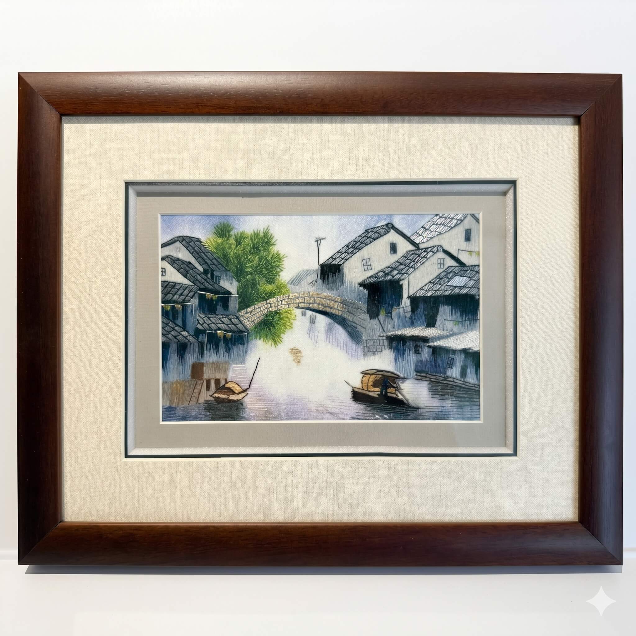 Random-Stitch Embroidery Framed Art – Jiangnan Water Village in Summer– Handcrafted Silk Artwork | Orient Handcraft
