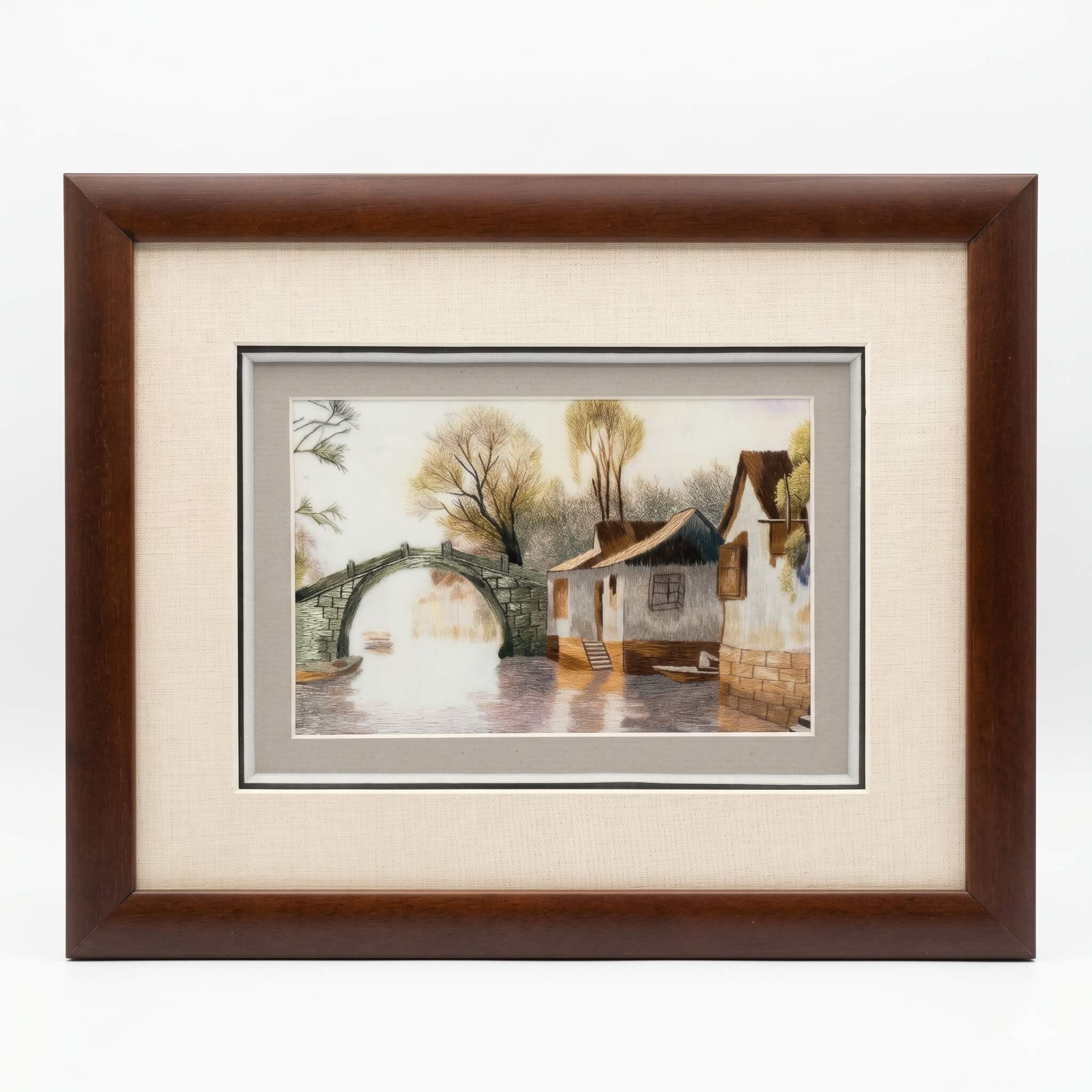 Random-Stitch Embroidery Framed Art – Jiangnan Water Village in Autumn – Handcrafted Silk Artwork | Orient Handcraft

