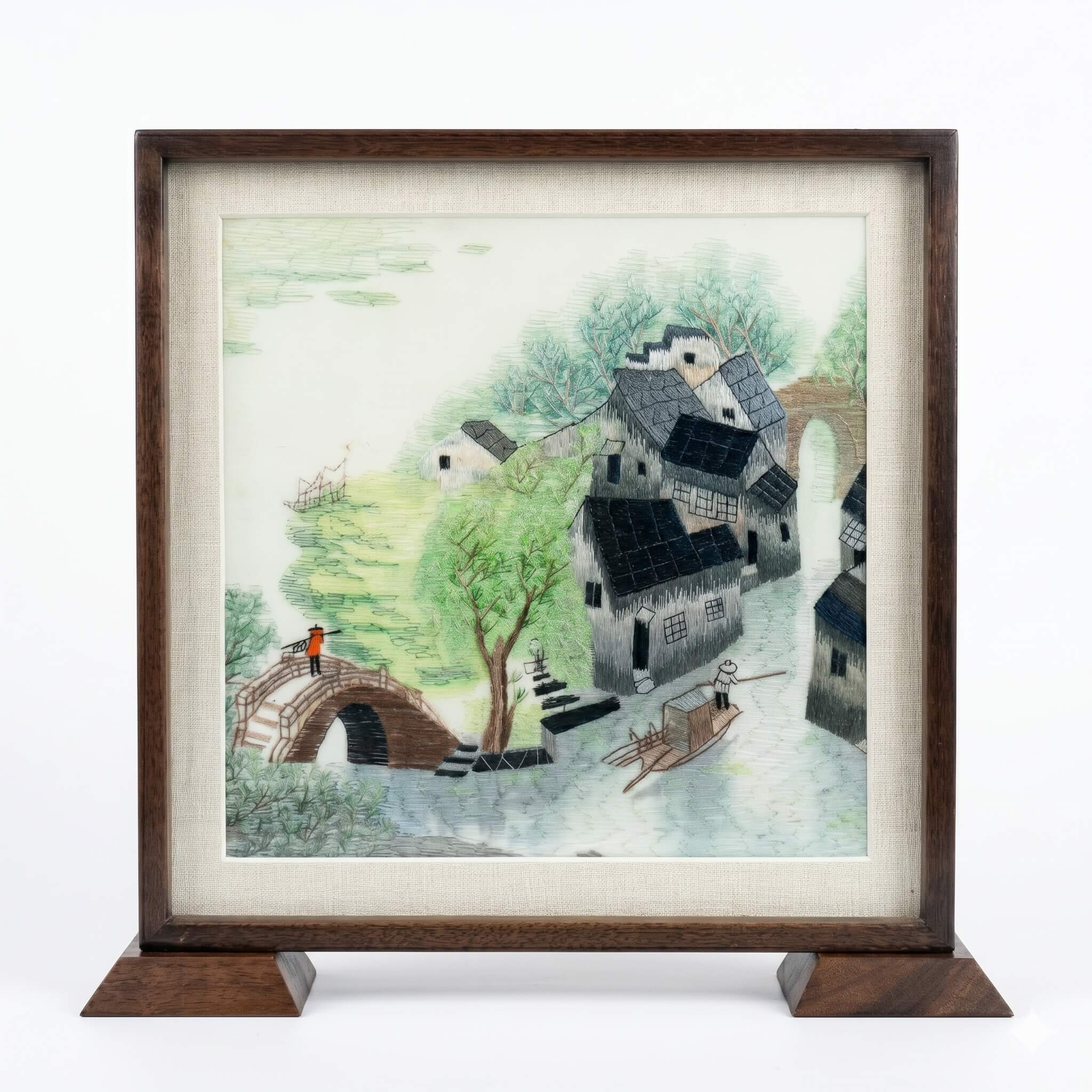 Random-Stitch Embroidery Table Screen – Jiangnan Water Village in Summer – Handcrafted Silk Artwork \| Orient Handcraft