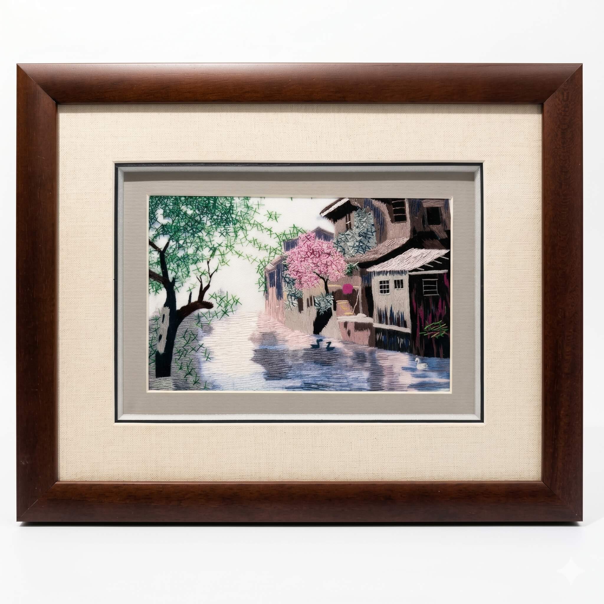 Random-Stitch Embroidery Framed Art – Jiangnan Water Village in Spring – Handcrafted Silk Artwork | Orient Handcraft

