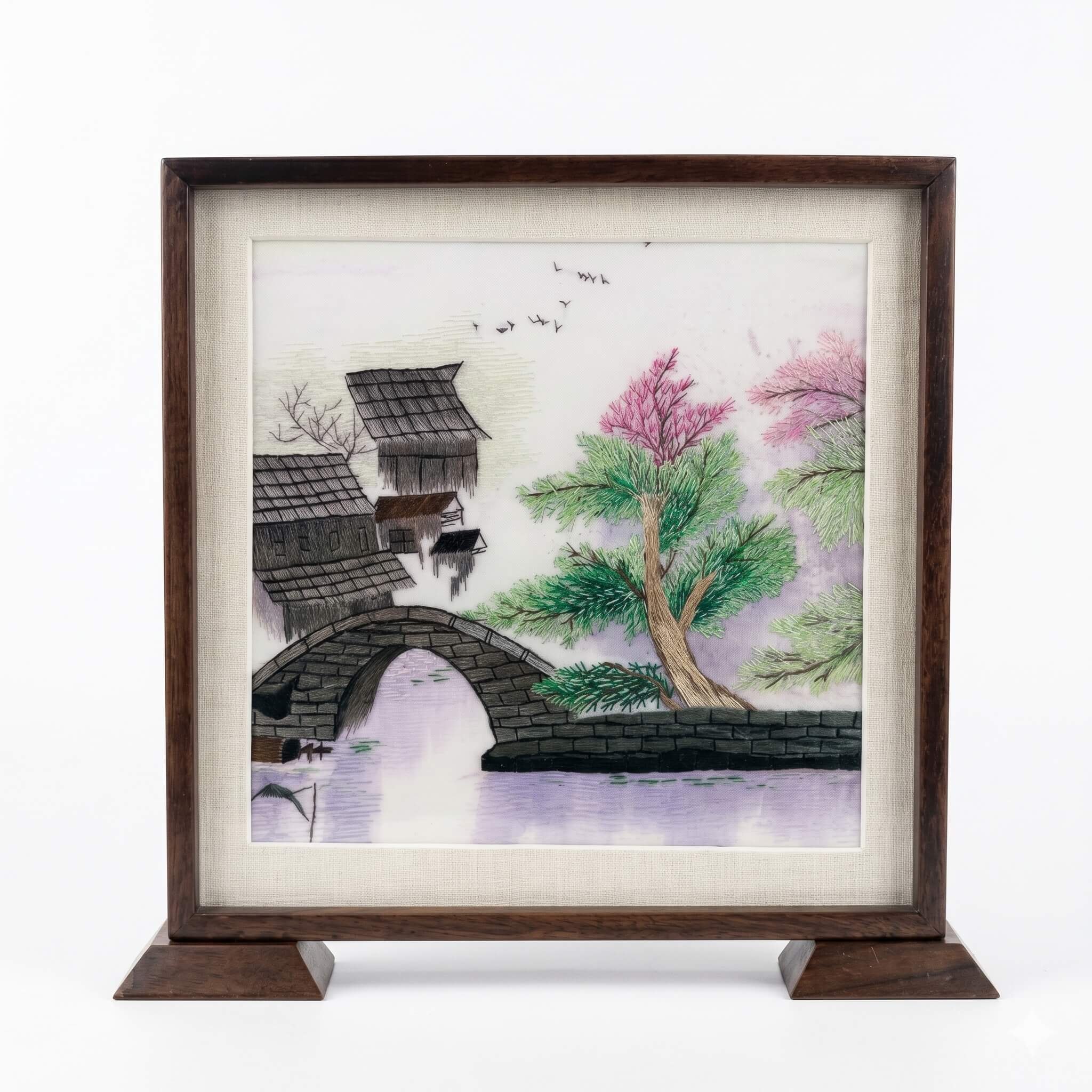 Random-Stitch Embroidery Table Screen – Jiangnan Water Village in Spring – Handcrafted Silk Artwork \| Orient Handcraft