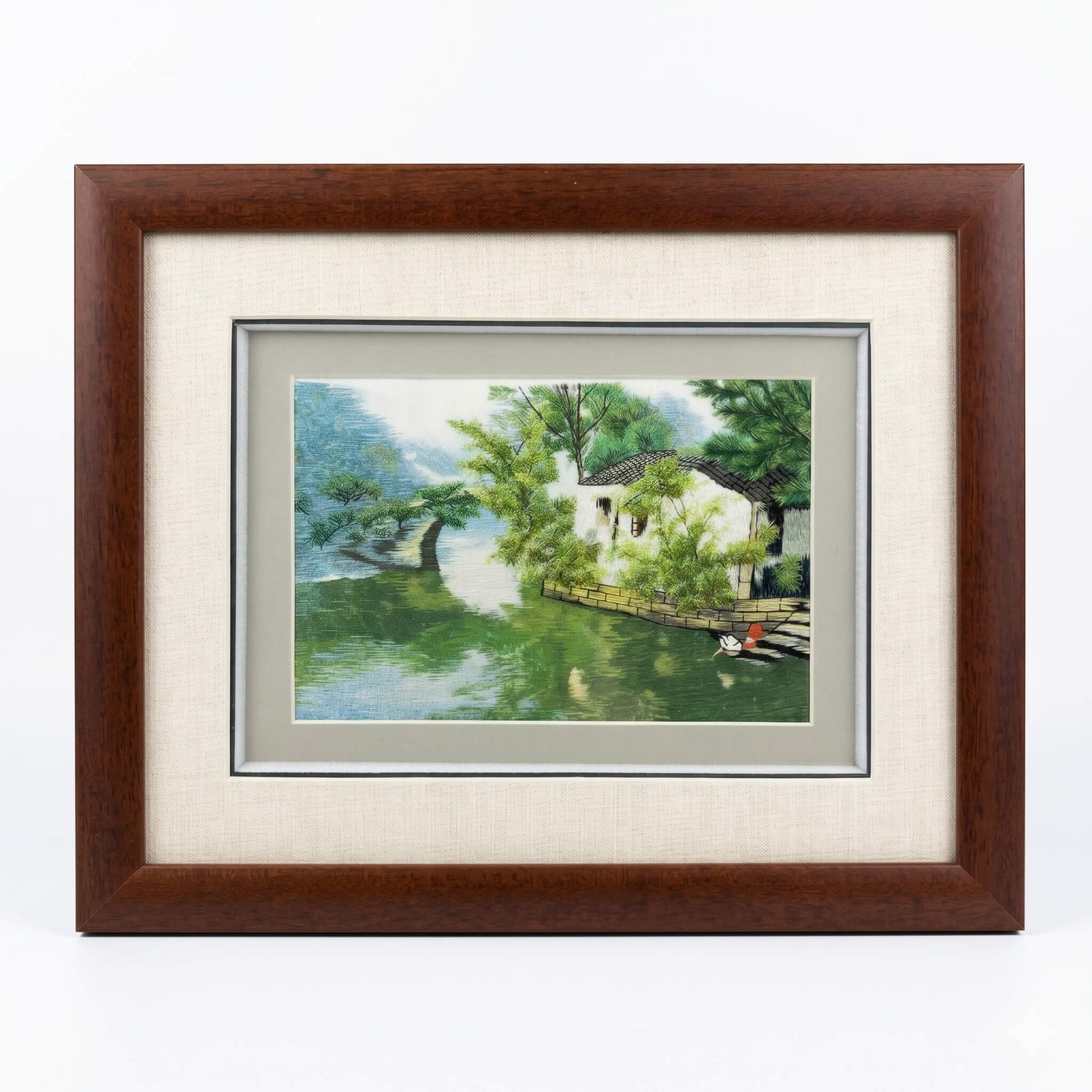 Random-Stitch Embroidery Framed Art – Jiangnan Water Village in Summer – Handcrafted Silk Artwork | Orient Handcraft
