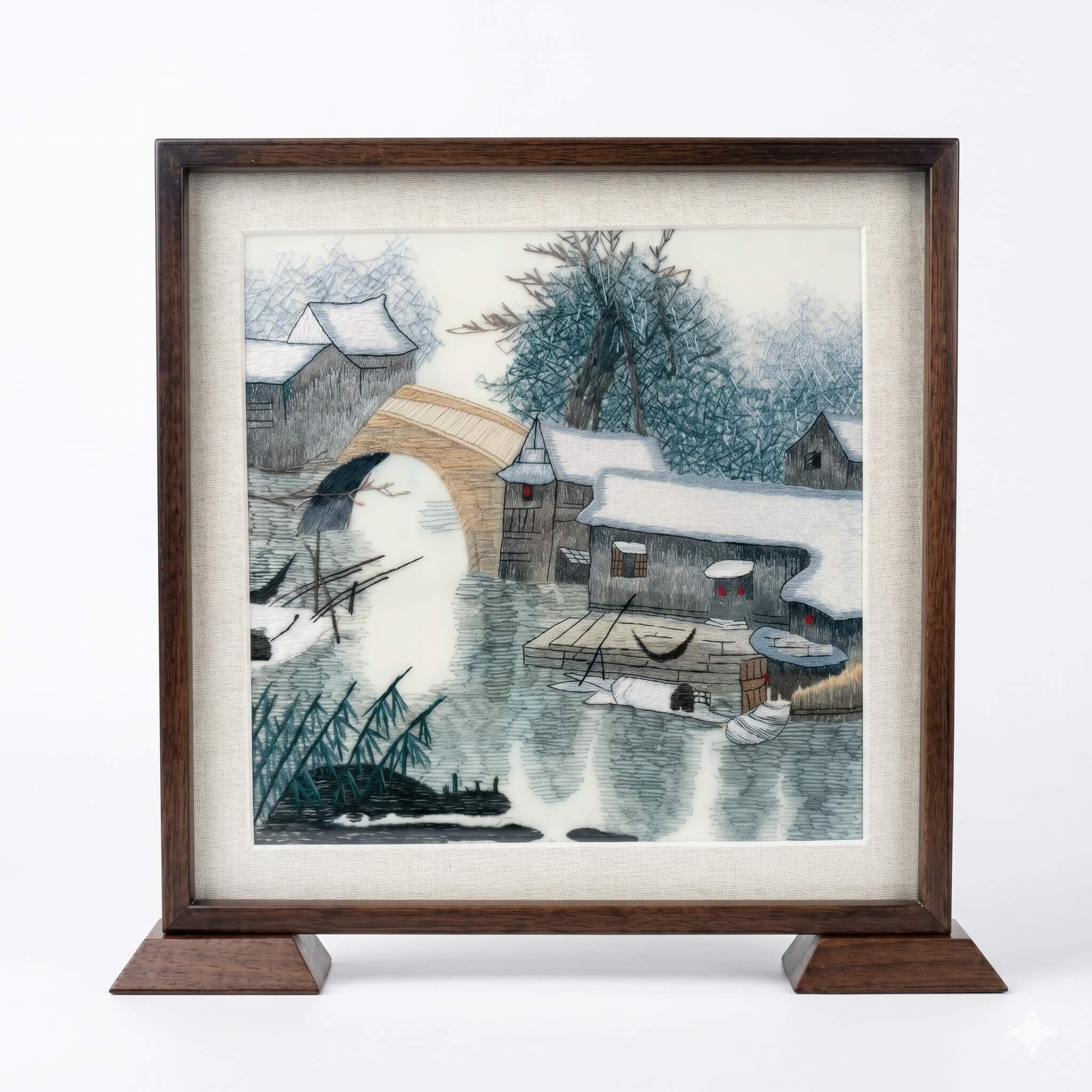 Random-Stitch Embroidery Table Screen – Jiangnan Water Village in Winter – Handcrafted Silk Artwork \| Orient Handcraft