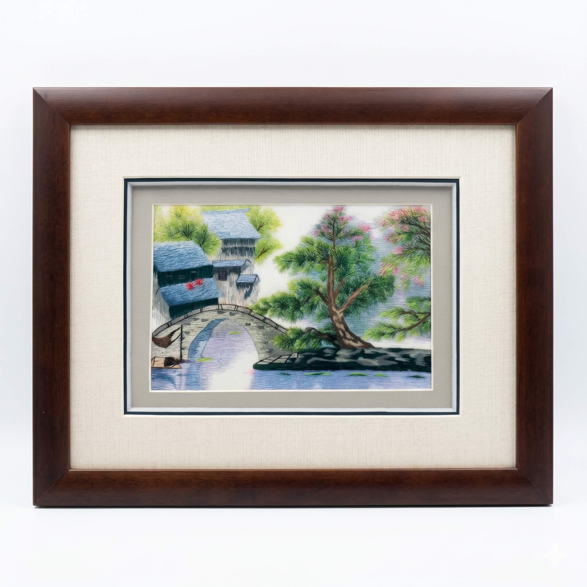 Random-Stitch Embroidery Framed Art – Jiangnan Water Village in Spring – Handcrafted Silk Artwork | Orient Handcraft
