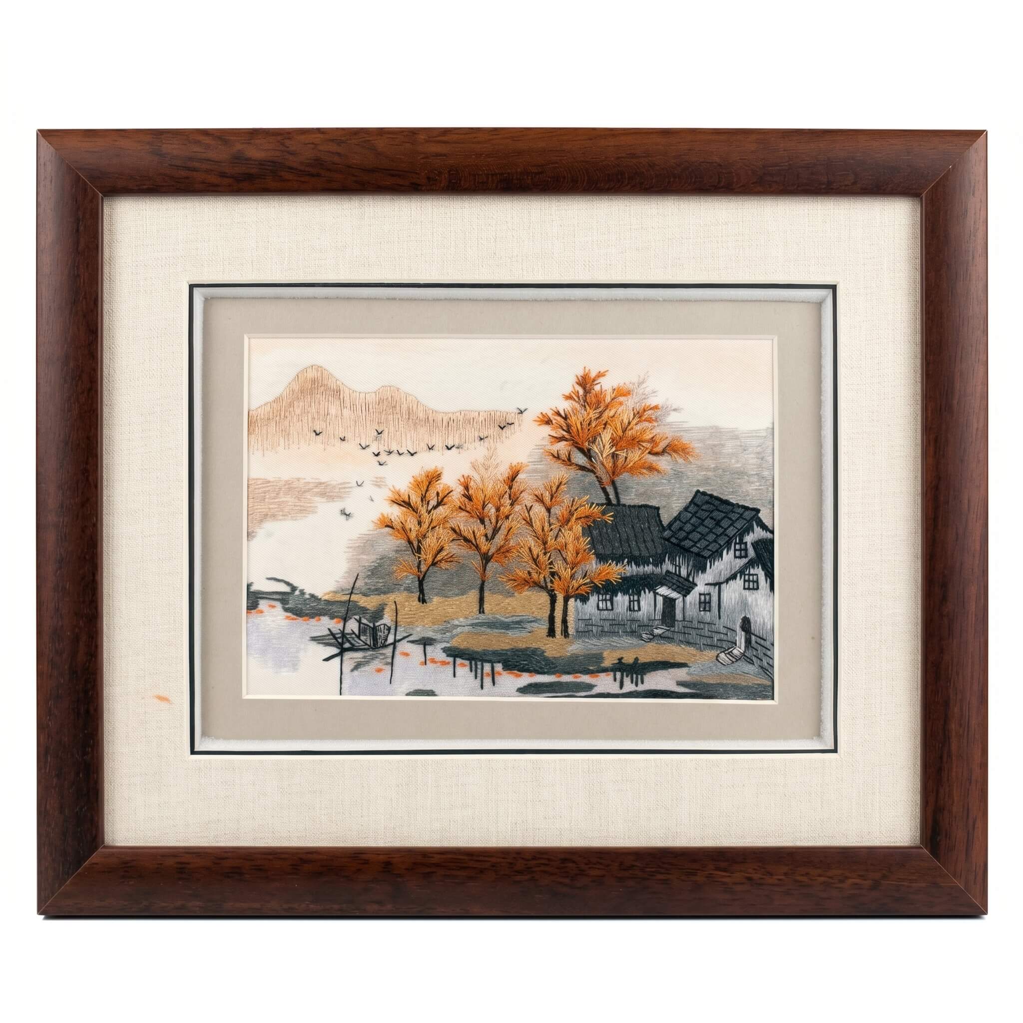 Random-Stitch Embroidery Framed Art – Jiangnan Water Village in Autumn – Handcrafted Silk Artwork | Orient Handcraft

