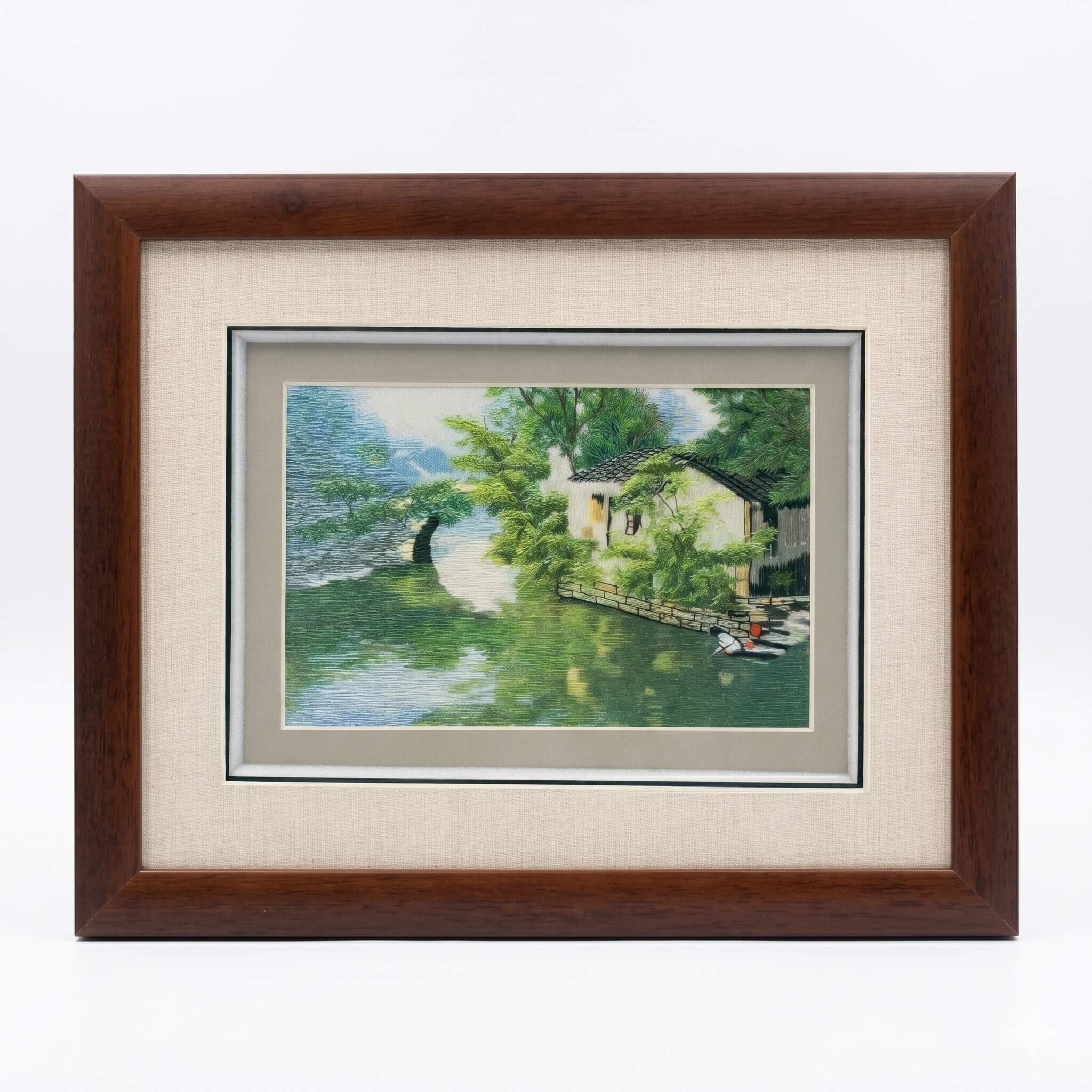 Random-Stitch Embroidery Framed Art – Jiangnan Water Village in Summer – Handcrafted Silk Artwork | Orient Handcraft

