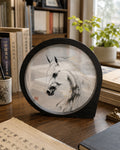 Handmade horse silk embroidery artwork in a wooden tabletop frame with translucent fabric and traditional Chinese random-stitch embroidery