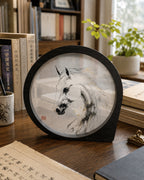 Handmade horse silk embroidery artwork in a wooden tabletop frame with translucent fabric and traditional Chinese random-stitch embroidery