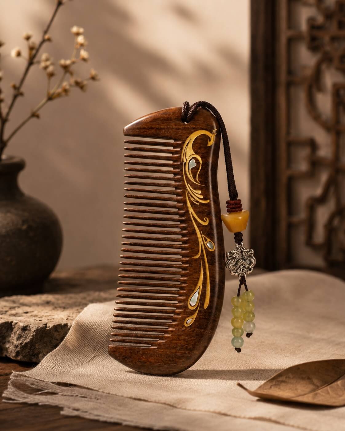 Black sandalwood comb with mother-of-pearl inlay handcrafted by Chinese artisans