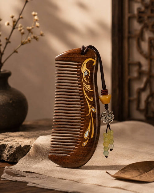 Black sandalwood comb with mother-of-pearl inlay handcrafted by Chinese artisans