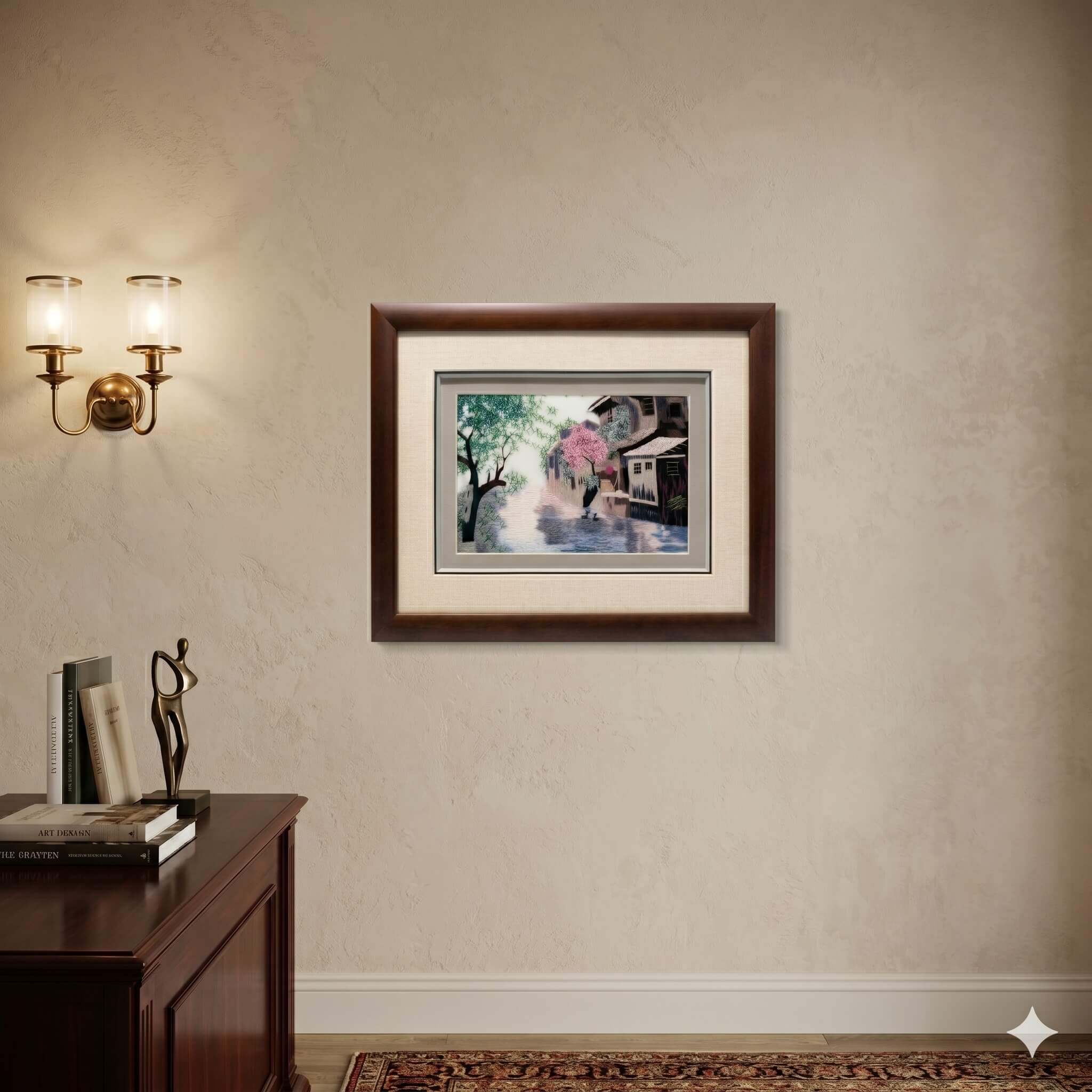 Random-Stitch Embroidery Framed Art – Home Decor Display Scene – Chinese Silk Artwork for Living Room or Office | Orient Handcraft

