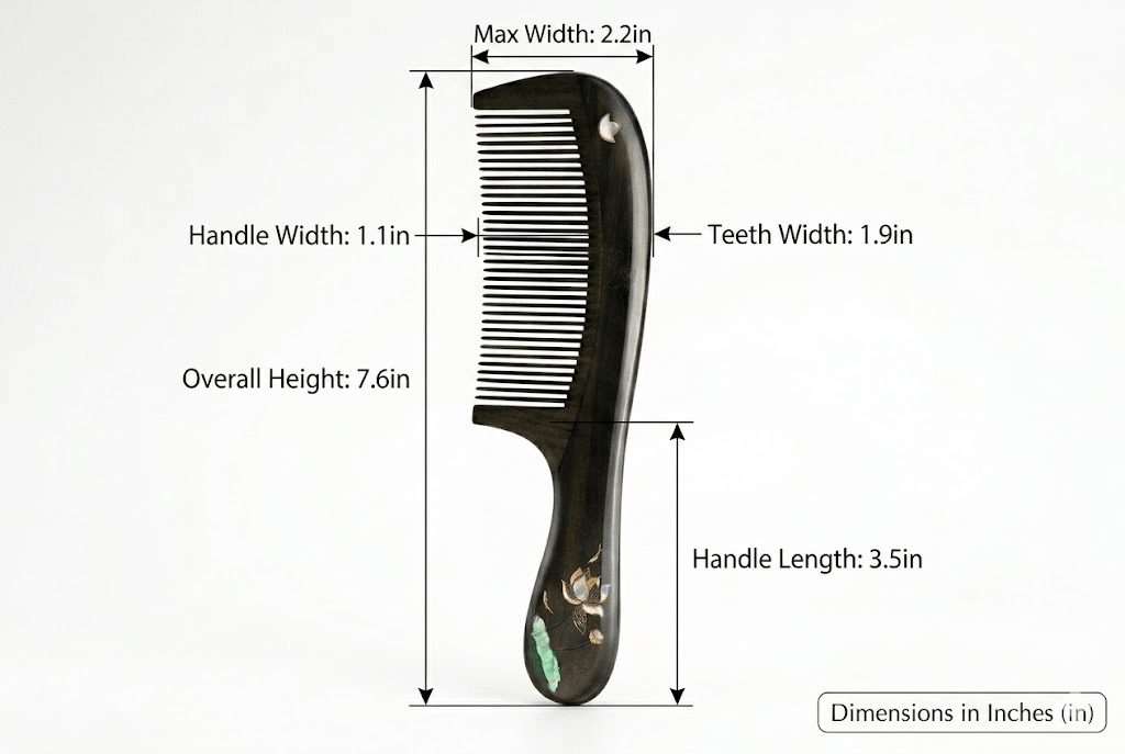 Black comb with measurements on a white background