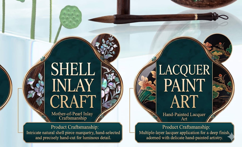 Decorative items with shell inlay and lacquer paint art on a white background