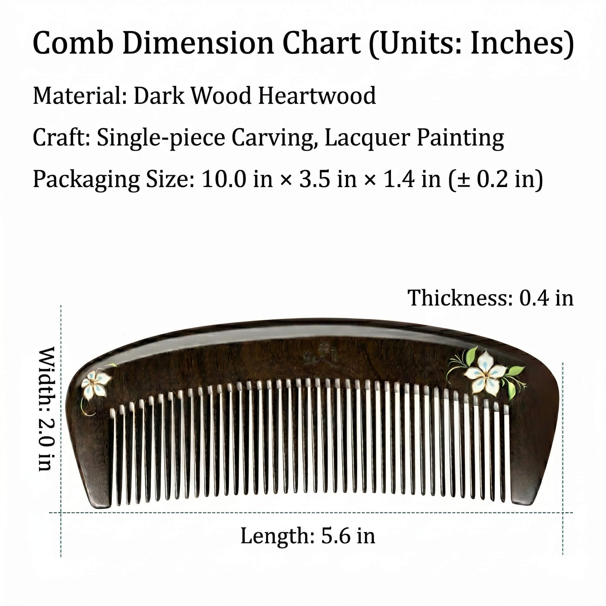 Comb with dimensions and material details on a white background
