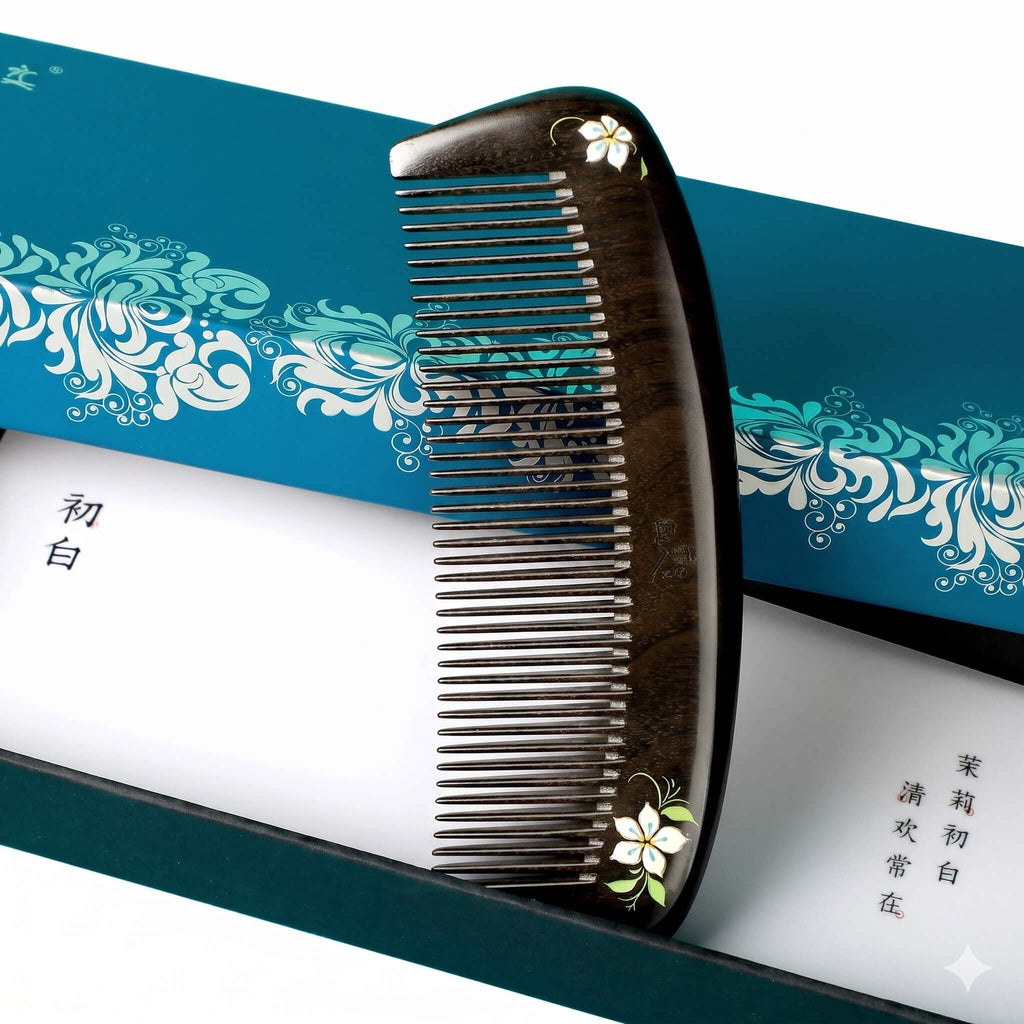 Hair comb with decorative handle on a blue and white floral patterned background