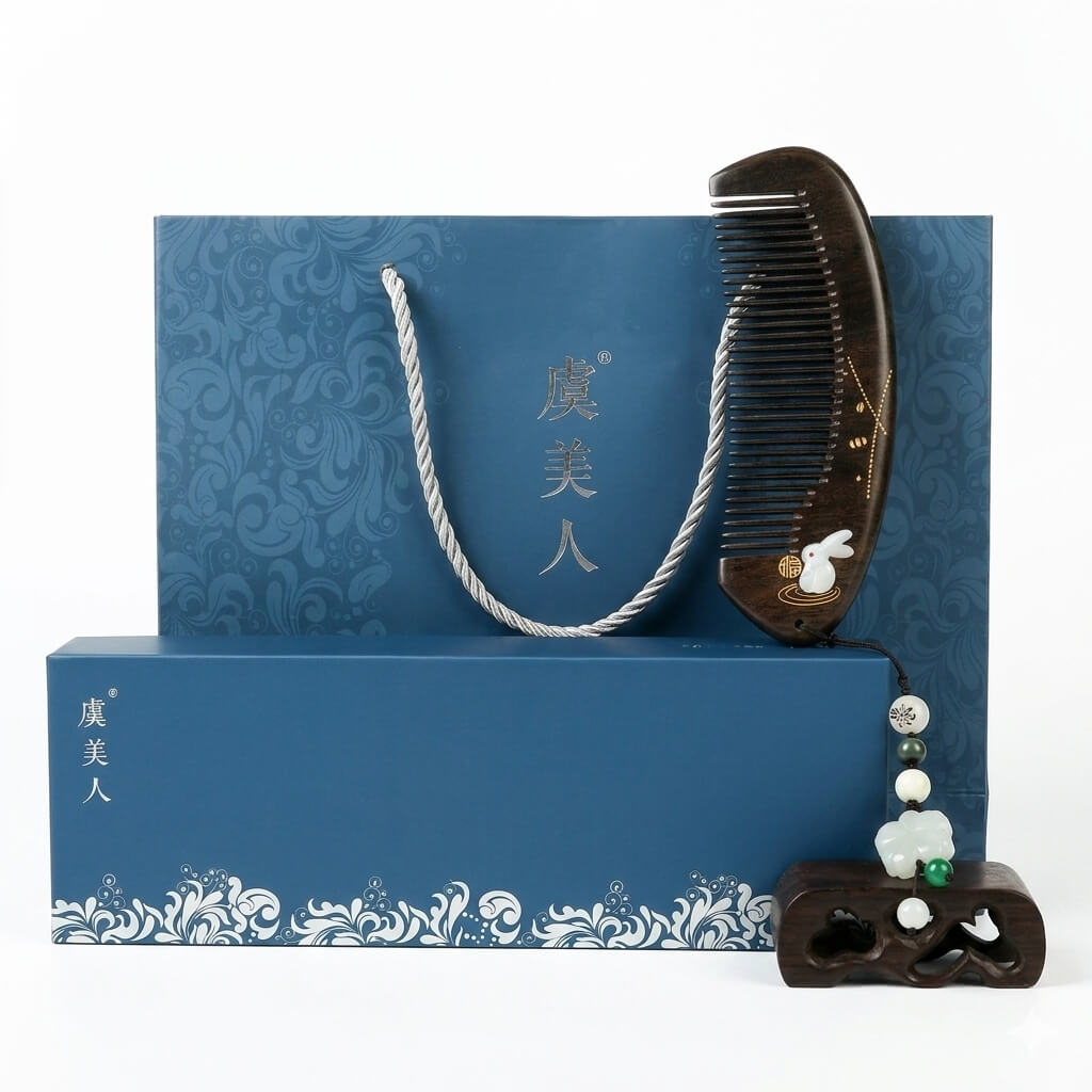 Traditional Chinese hair comb and decorative item on a blue box with floral patterns.