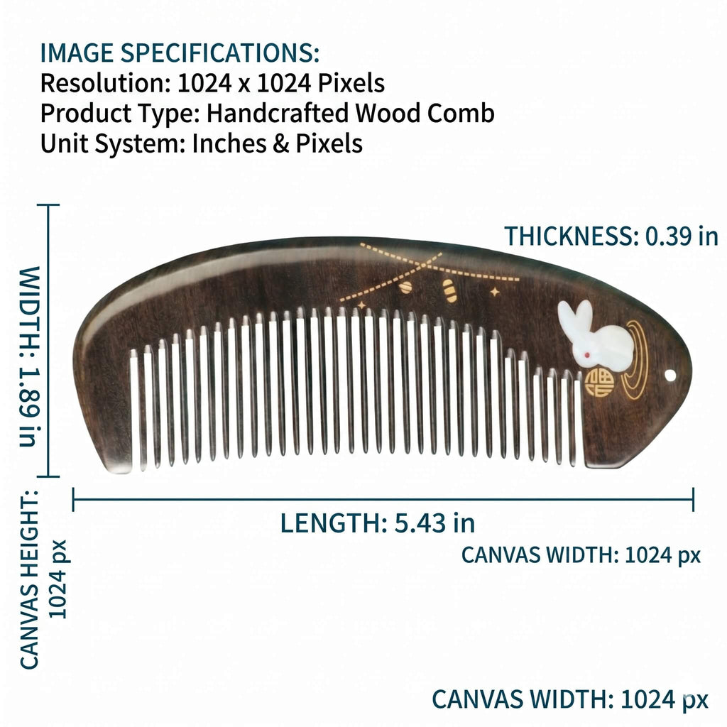 Handcrafted wood comb with measurements on a white background