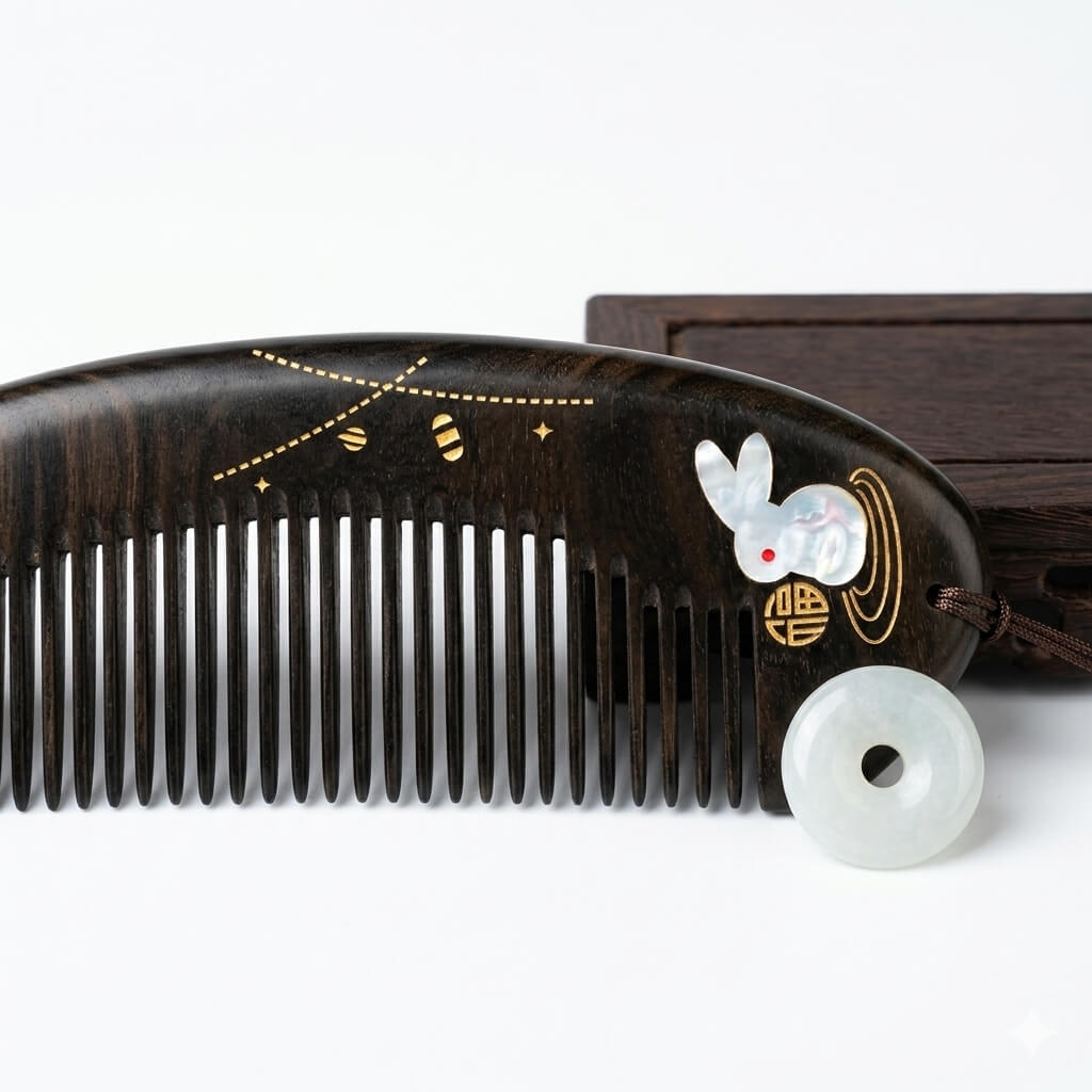 Decorative comb with rabbit design on a white background
