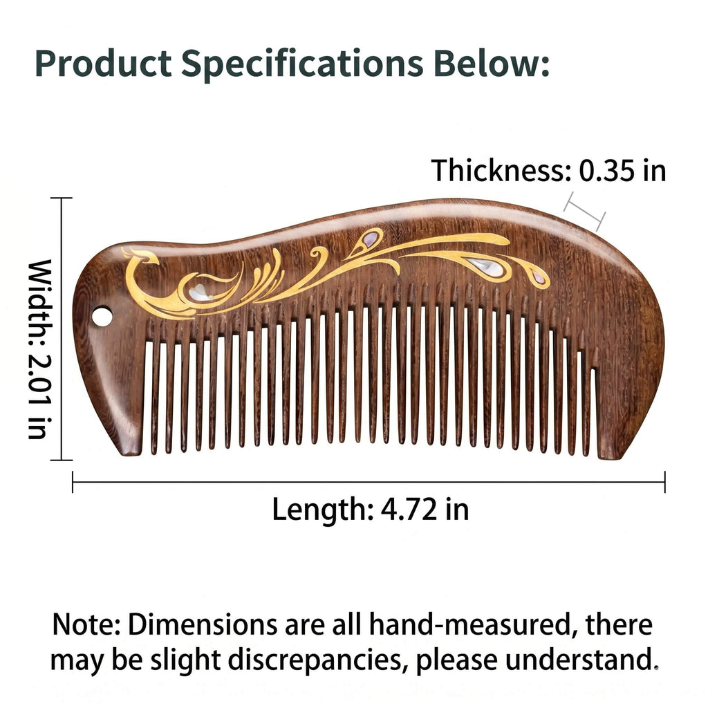 Wooden comb with decorative patterns and measurements on a white background