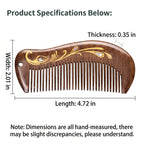 Wooden comb with decorative patterns and measurements on a white background