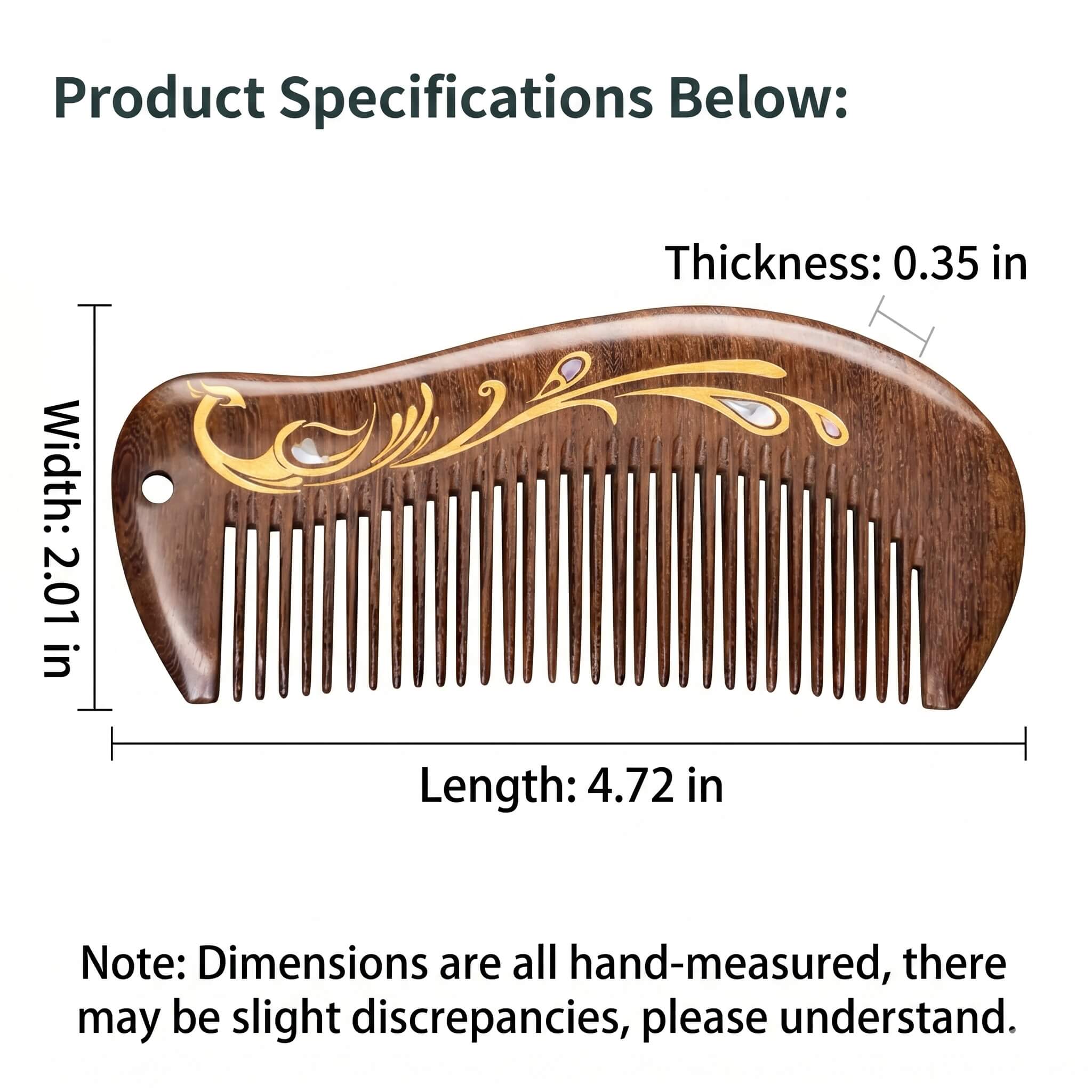 Wooden comb with decorative patterns and measurements on a white background