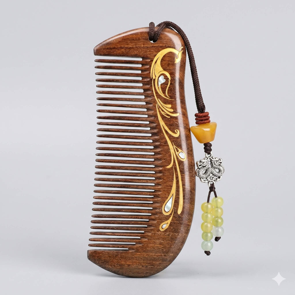 Hand-carved black sandalwood comb – Fengming Mother-of-Pearl Inlay Series, front view