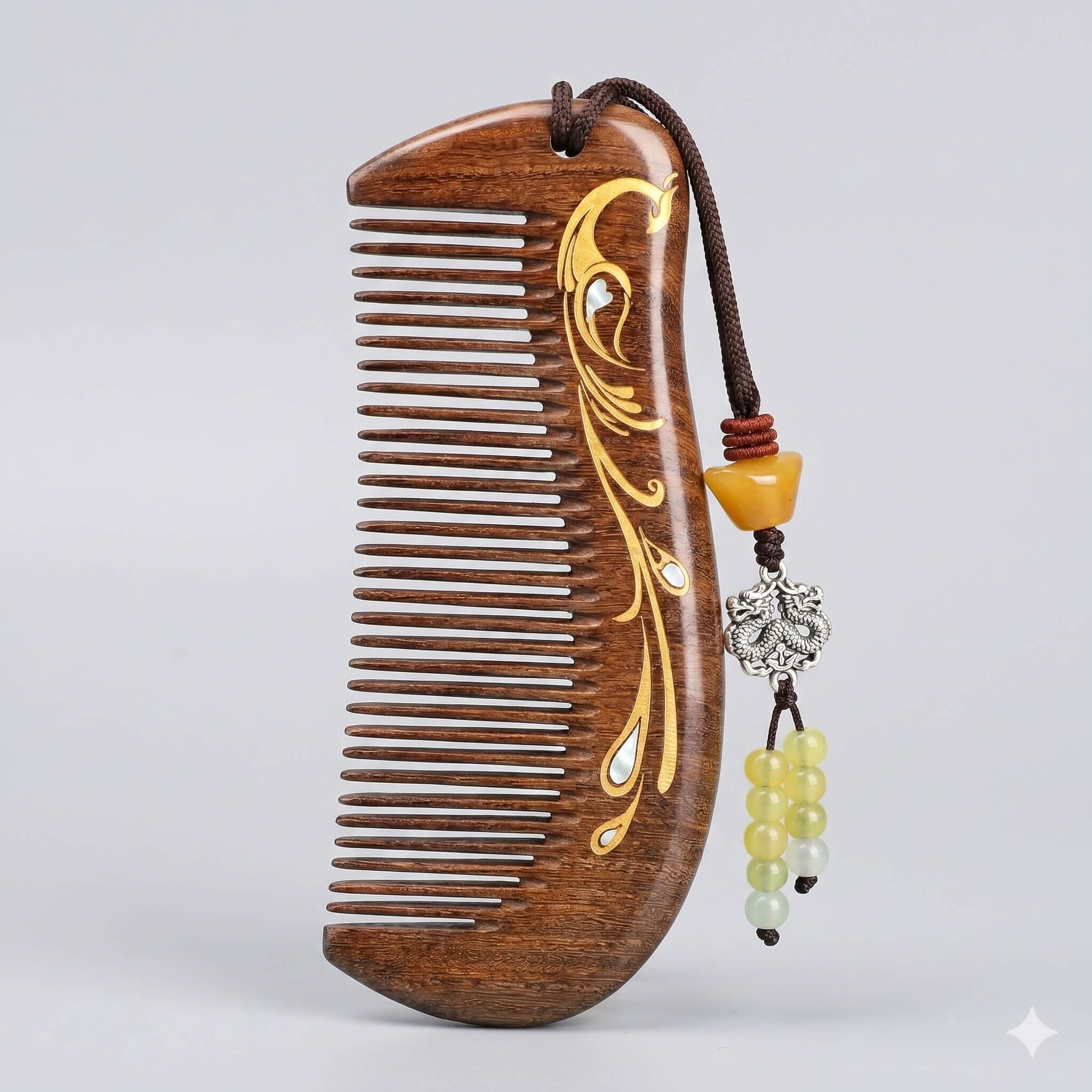 Hand-carved black sandalwood comb – Fengming Mother-of-Pearl Inlay Series, front view