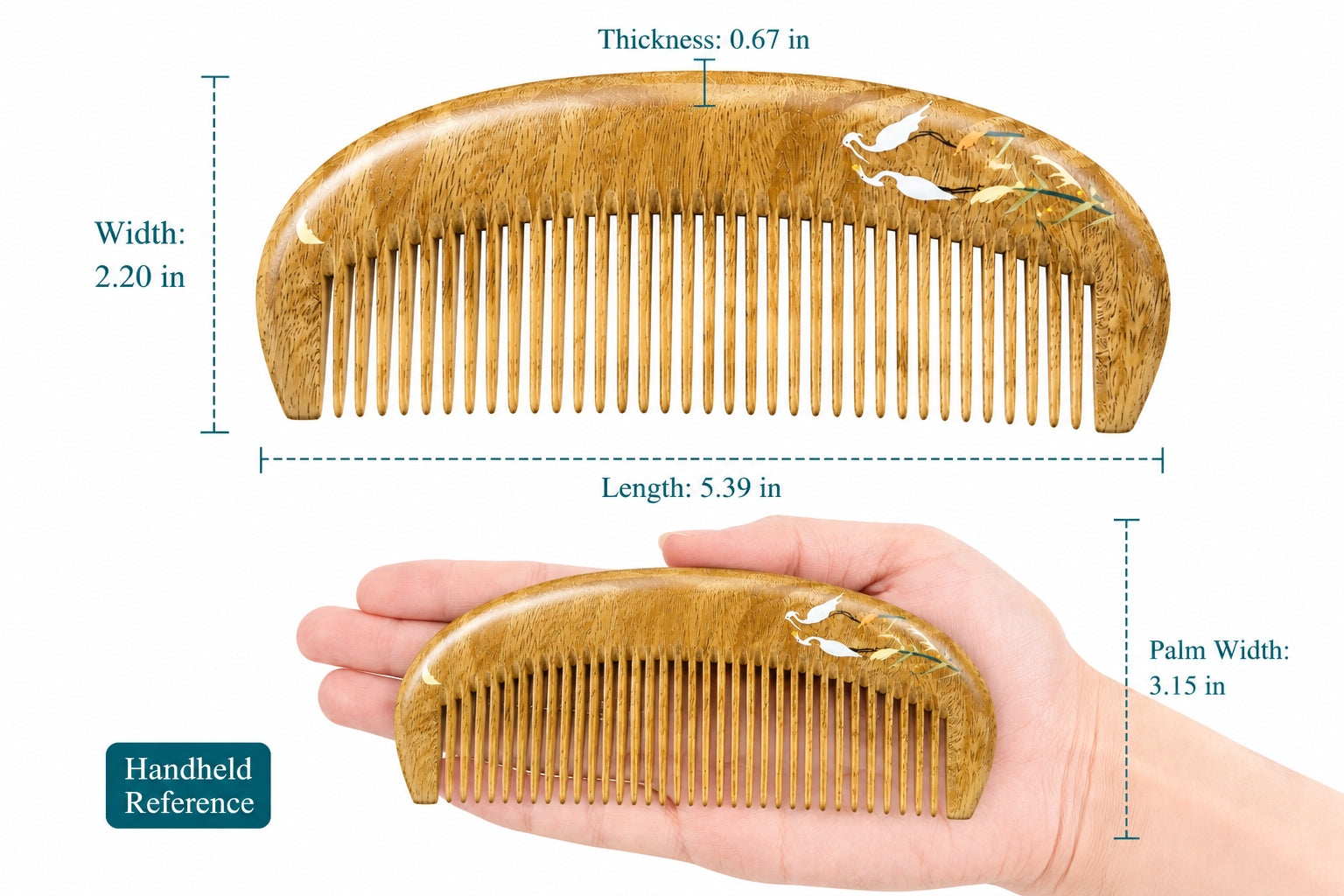 Wooden comb with measurements and a hand holding it for scale on a white background