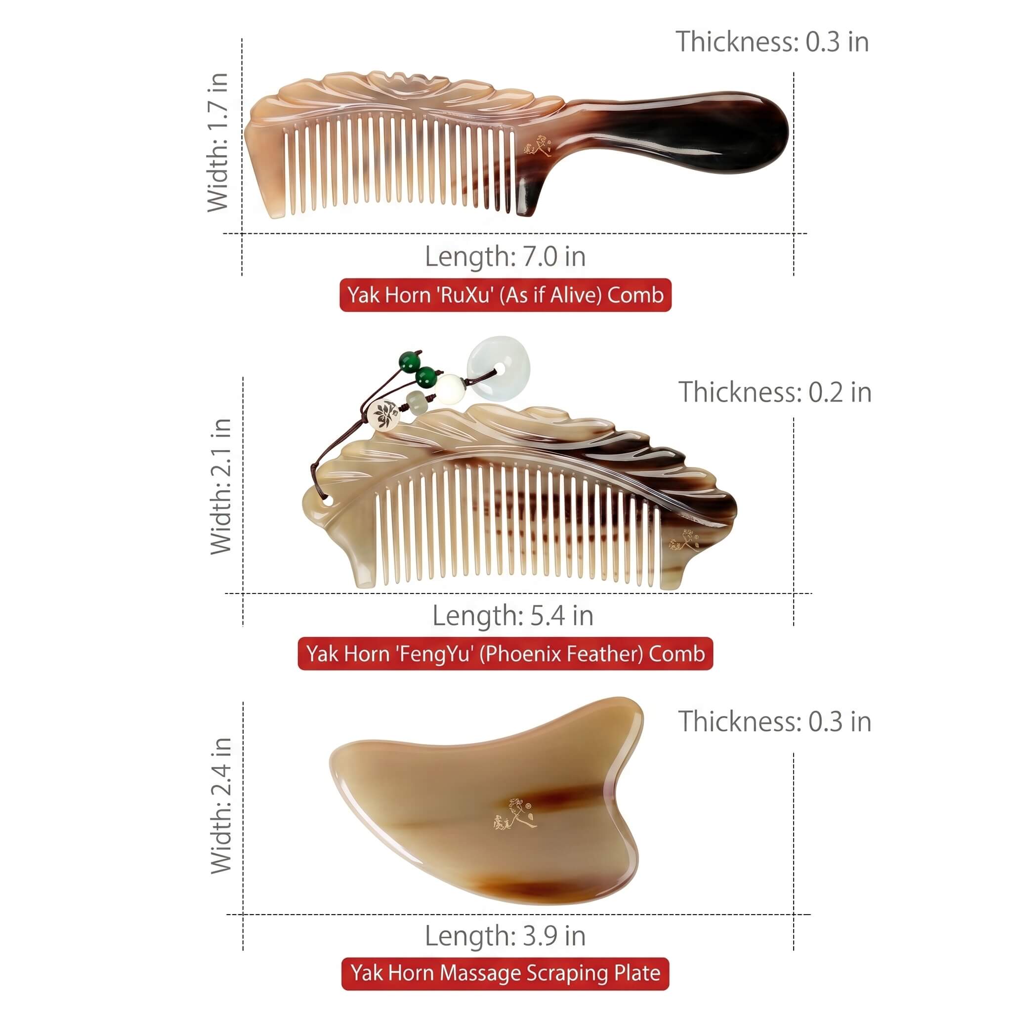 Handcrafted Natural Yak Horn Massage Comb Set – Product Dimensions Reference – Lightweight Portable Hair Care Tool | Orient Handcraft