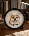 Custom pet silk embroidery artwork in a wooden tabletop frame handcrafted with traditional Chinese random-stitch embroidery